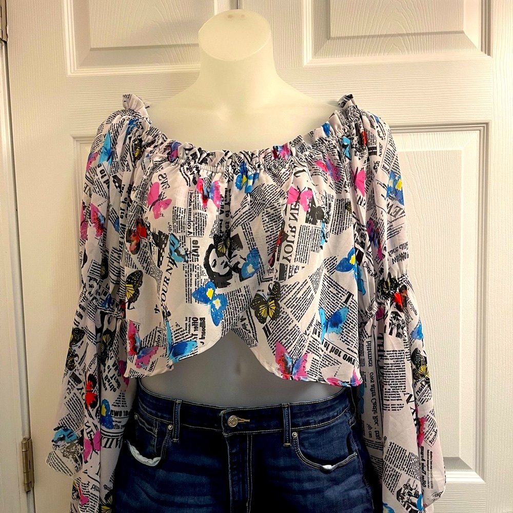 Newspaper Print Off-Shoulder Crop Top